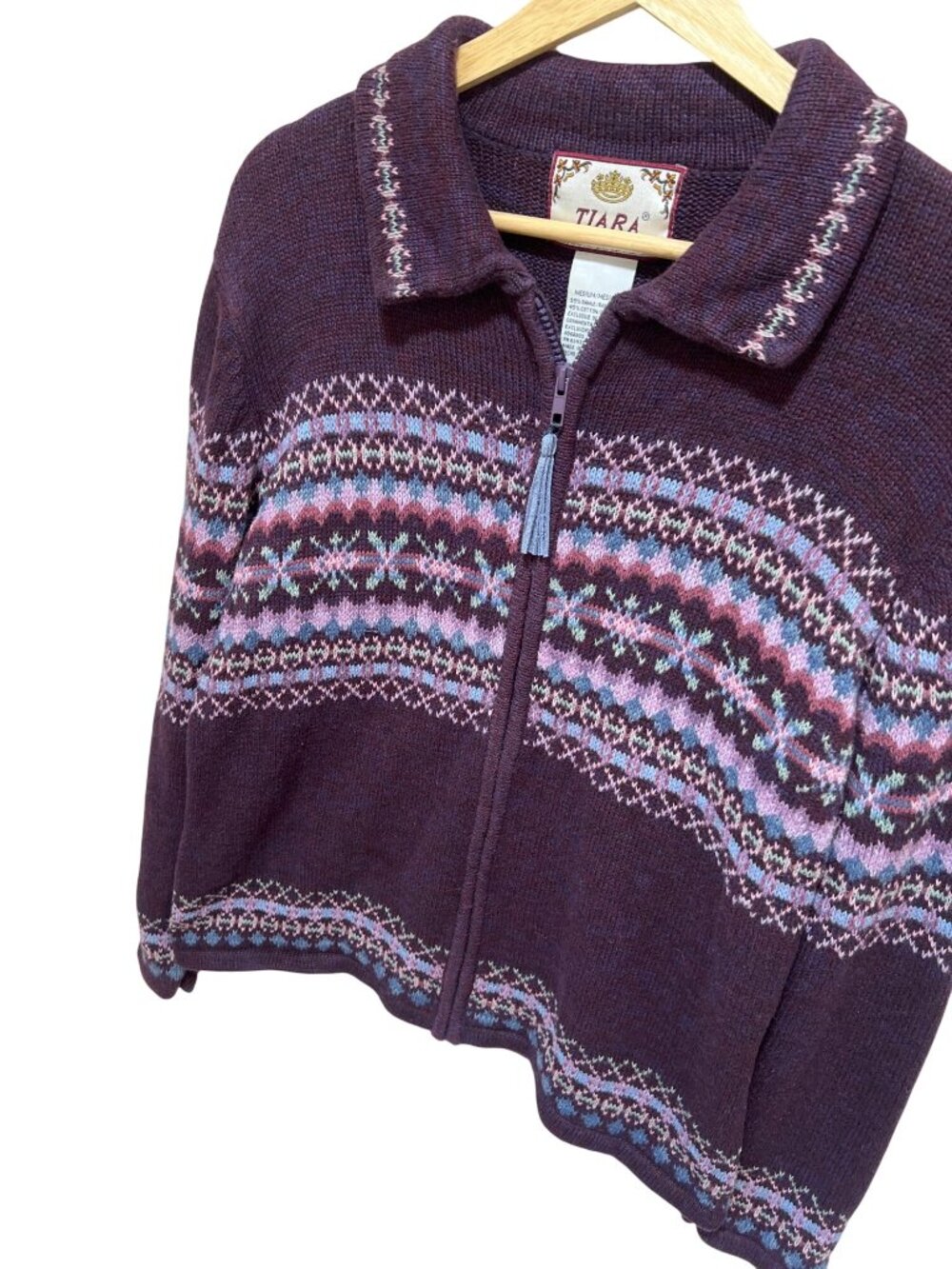Vintage Tiara Fair Isle Knit Sweater Purple Zip Front Medium Ramie Cotton Cottag
